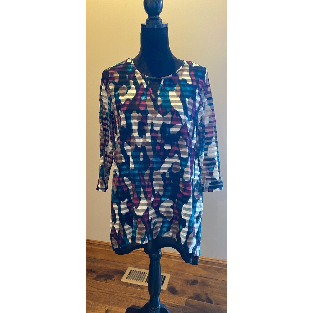 Dana Bachman Blouse Sz Medium Top Sheer Overlay Purple Green Black Rounded Neck - Picture 3 of 12